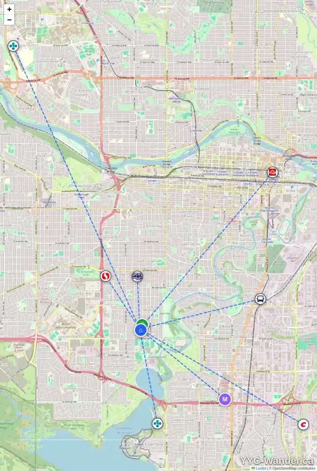 Daily accessibility map for 1914 48 AV SW, Calgary showing nearby schools, grocery stores, parks, LRT stations and nearby amenities