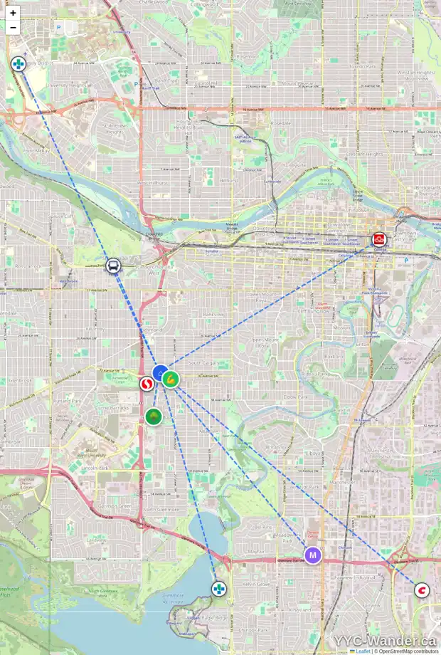 Daily accessibility map for 2225 32 AV SW, Calgary showing nearby schools, grocery stores, parks, LRT stations and nearby amenities