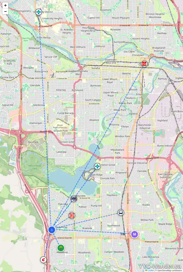 Daily accessibility map for 44 CEDARDALE RD SW, Calgary showing nearby schools, grocery stores, parks, LRT stations and nearby amenities