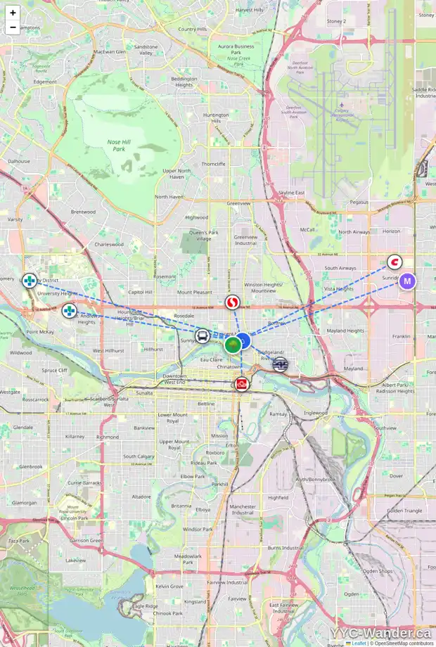 Daily accessibility map for 401 302 6 AV NE, Calgary showing nearby schools, grocery stores, parks, LRT stations and nearby amenities