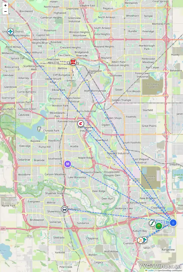 Daily accessibility map for 16 MARQUIS VW SE, Calgary showing nearby schools, grocery stores, parks, LRT stations and nearby amenities