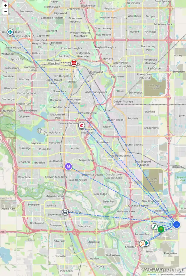 Daily accessibility map for 747 MAHOGANY BV SE, Calgary showing nearby schools, grocery stores, parks, LRT stations and nearby amenities
