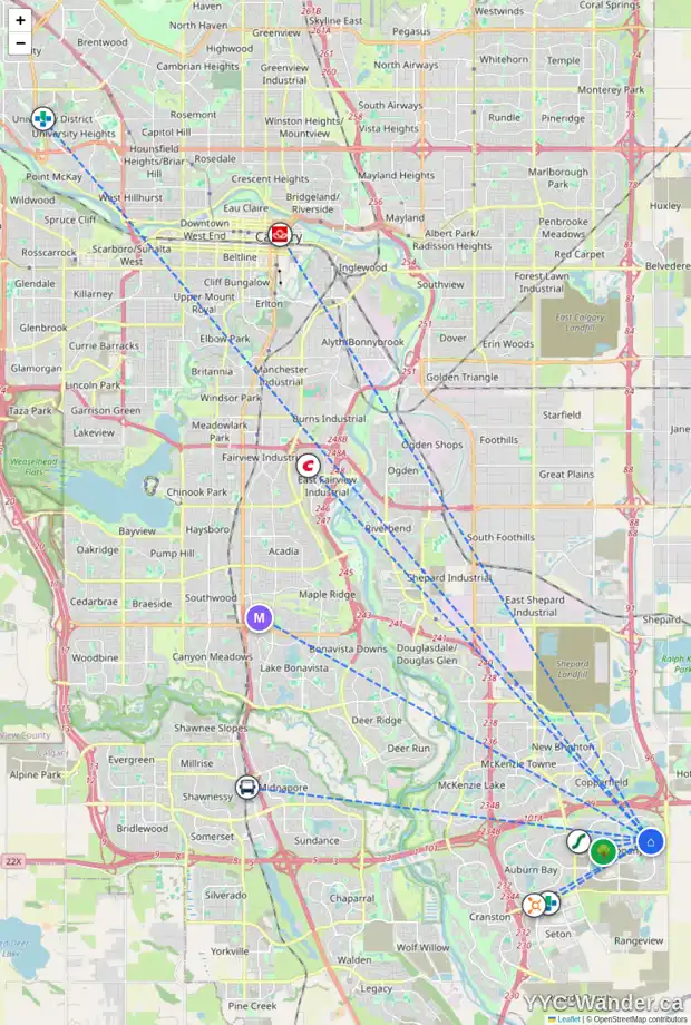 Daily accessibility map for 228 MARQUIS LD SE, Calgary showing nearby schools, grocery stores, parks, LRT stations and nearby amenities