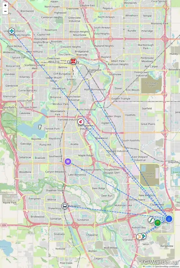 Daily accessibility map for 100 MARQUIS VW SE, Calgary showing nearby schools, grocery stores, parks, LRT stations and nearby amenities