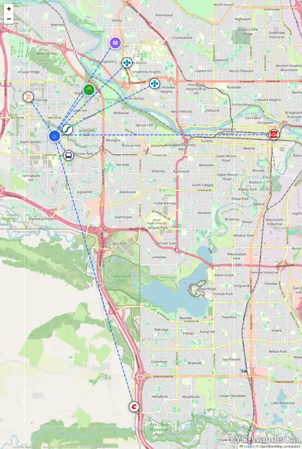 Daily accessibility map for 53 ASPEN RIDGE GR SW, Calgary showing nearby schools, grocery stores, parks, LRT stations and nearby amenities