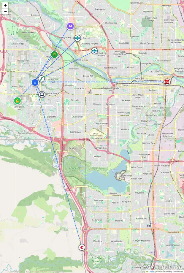Daily accessibility map for 18 ASPEN RIDGE PA SW, Calgary showing nearby schools, grocery stores, parks, LRT stations and nearby amenities