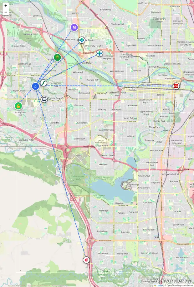 Daily accessibility map for 39 ASPEN RIDGE GR SW, Calgary showing nearby schools, grocery stores, parks, LRT stations and nearby amenities