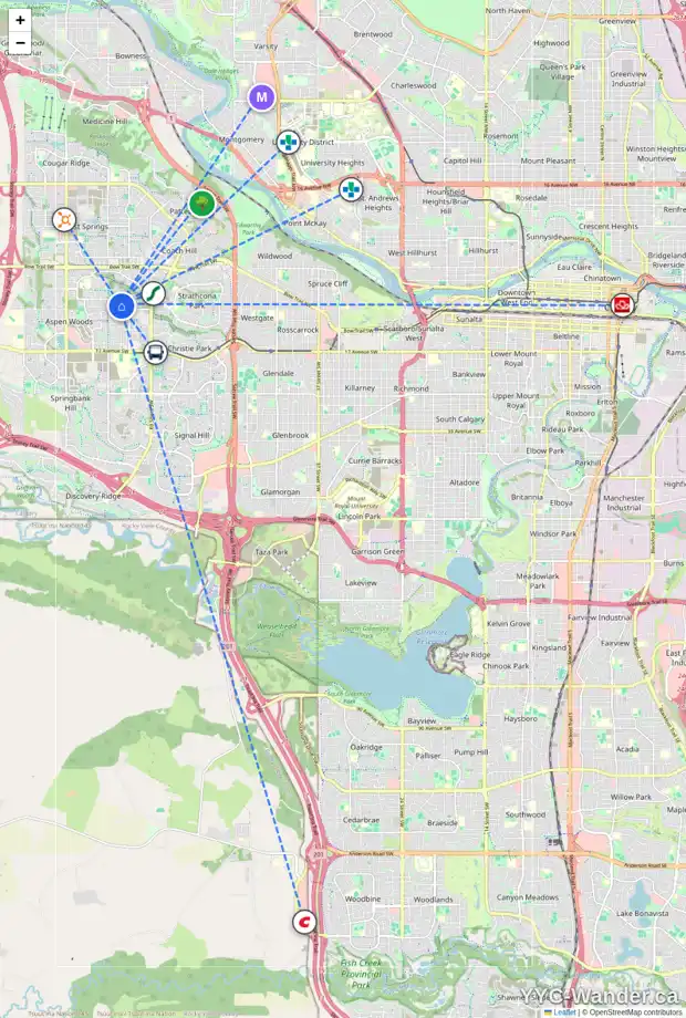 Daily accessibility map for 48 ASPEN RIDGE GR SW, Calgary showing nearby schools, grocery stores, parks, LRT stations and nearby amenities