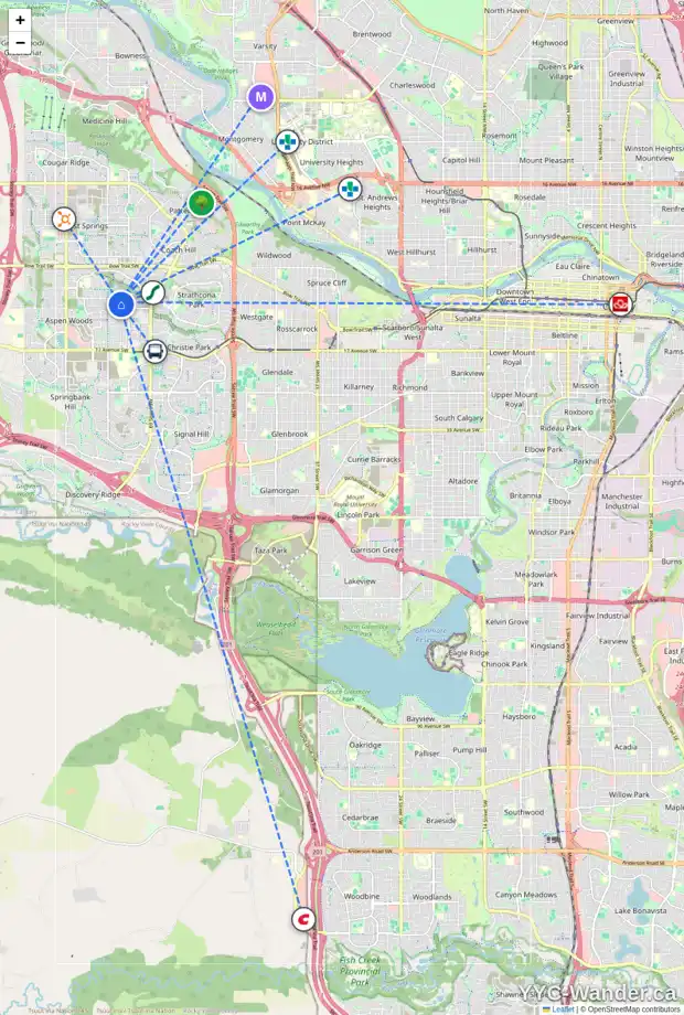 Daily accessibility map for 44 ASPEN RIDGE GR SW, Calgary showing nearby schools, grocery stores, parks, LRT stations and nearby amenities