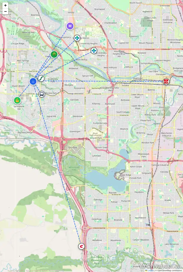 Daily accessibility map for 35 ASPEN RIDGE HE SW, Calgary showing nearby schools, grocery stores, parks, LRT stations and nearby amenities