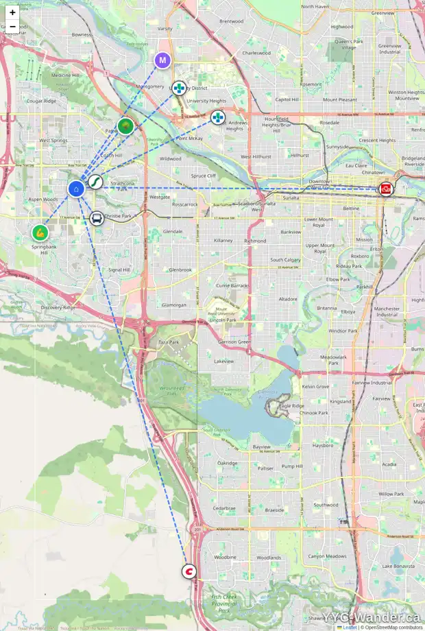 Daily accessibility map for 31 ASPEN RIDGE HE SW, Calgary showing nearby schools, grocery stores, parks, LRT stations and nearby amenities