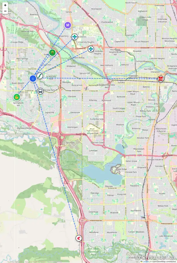 Daily accessibility map for 25 ASPEN RIDGE GR SW, Calgary showing nearby schools, grocery stores, parks, LRT stations and nearby amenities