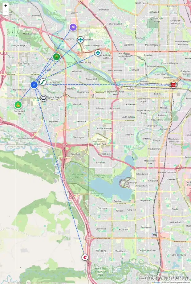 Daily accessibility map for 27 ASPEN RIDGE HE SW, Calgary showing nearby schools, grocery stores, parks, LRT stations and nearby amenities