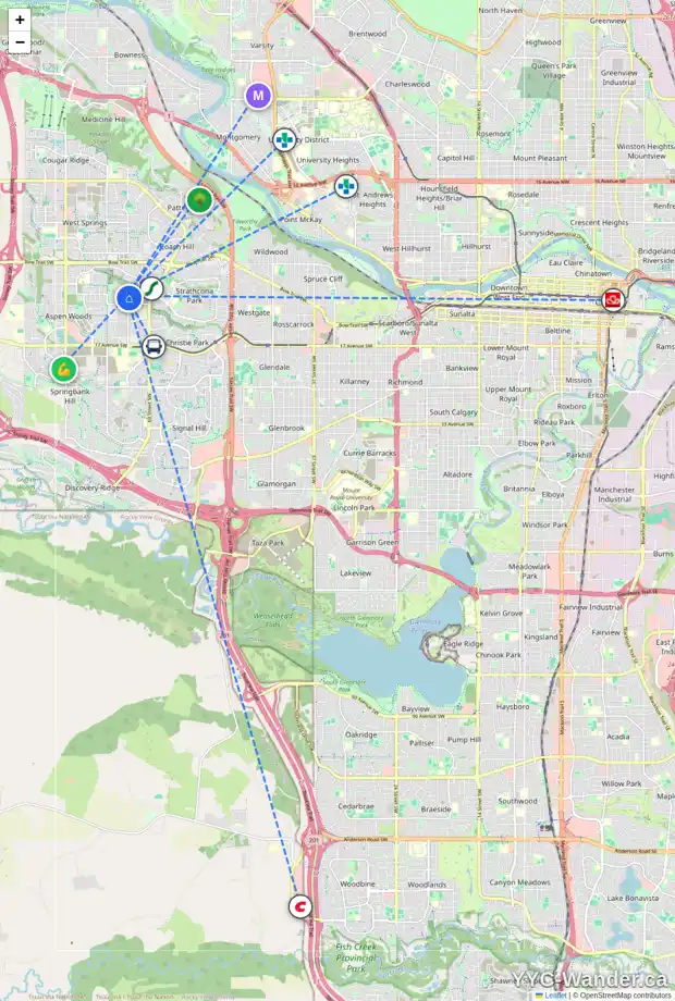 Daily accessibility map for 5 ASPEN RIDGE GR SW, Calgary showing nearby schools, grocery stores, parks, LRT stations and nearby amenities