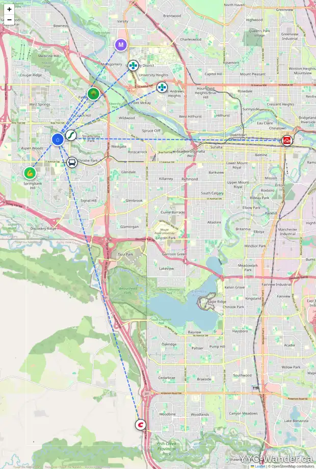 Daily accessibility map for 11 ASPEN RIDGE HE SW, Calgary showing nearby schools, grocery stores, parks, LRT stations and nearby amenities