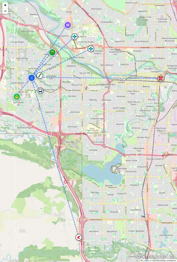 Daily accessibility map for 23 ASPEN RIDGE HE SW, Calgary showing nearby schools, grocery stores, parks, LRT stations and nearby amenities