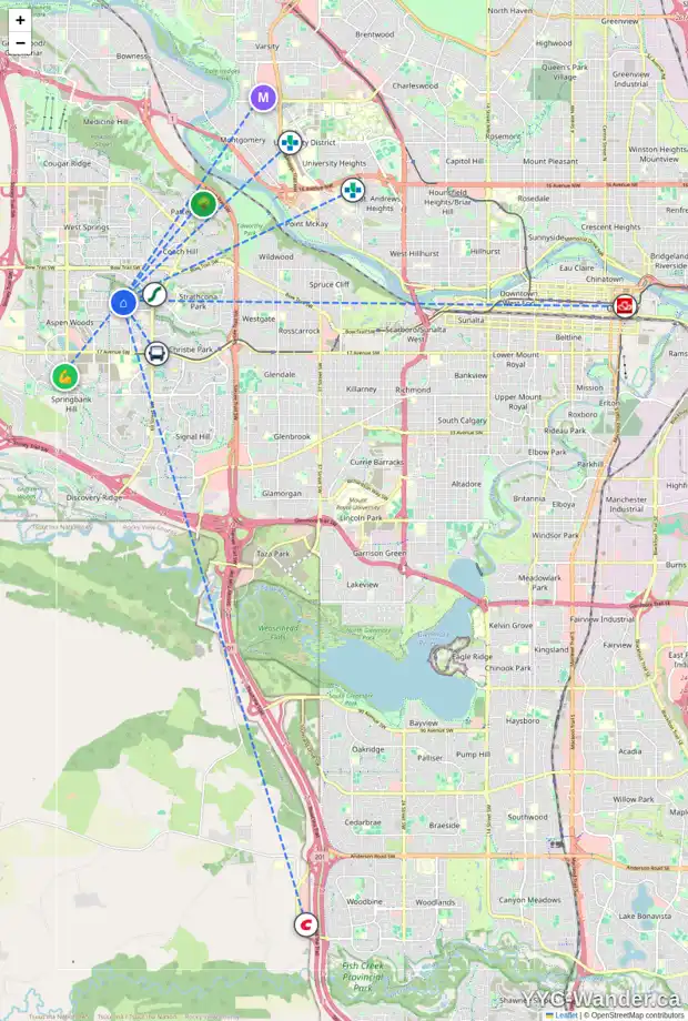 Daily accessibility map for 19 ASPEN RIDGE HE SW, Calgary showing nearby schools, grocery stores, parks, LRT stations and nearby amenities