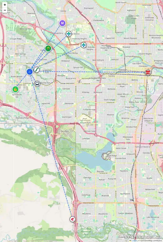 Daily accessibility map for 15 ASPEN RIDGE HE SW, Calgary showing nearby schools, grocery stores, parks, LRT stations and nearby amenities