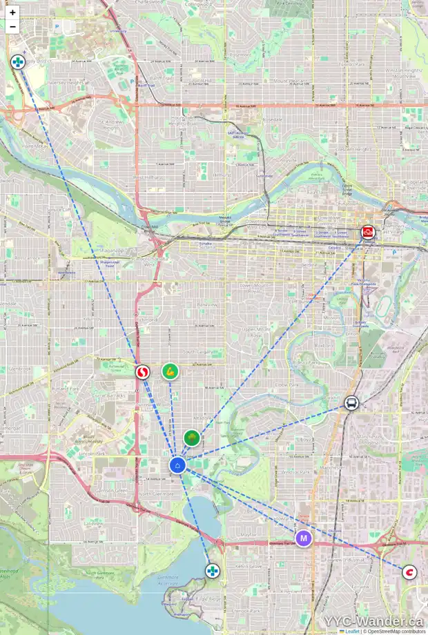 Daily accessibility map for 2015 51 AV SW, Calgary showing nearby schools, grocery stores, parks, LRT stations and nearby amenities