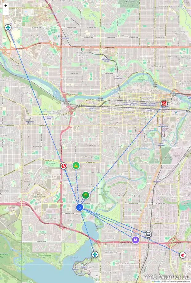 Daily accessibility map for 2013 51 AV SW, Calgary showing nearby schools, grocery stores, parks, LRT stations and nearby amenities