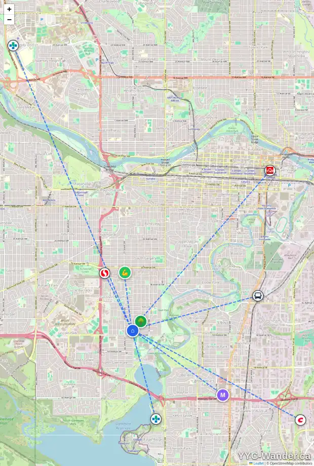 Daily accessibility map for 2008 49 AV SW, Calgary showing nearby schools, grocery stores, parks, LRT stations and nearby amenities