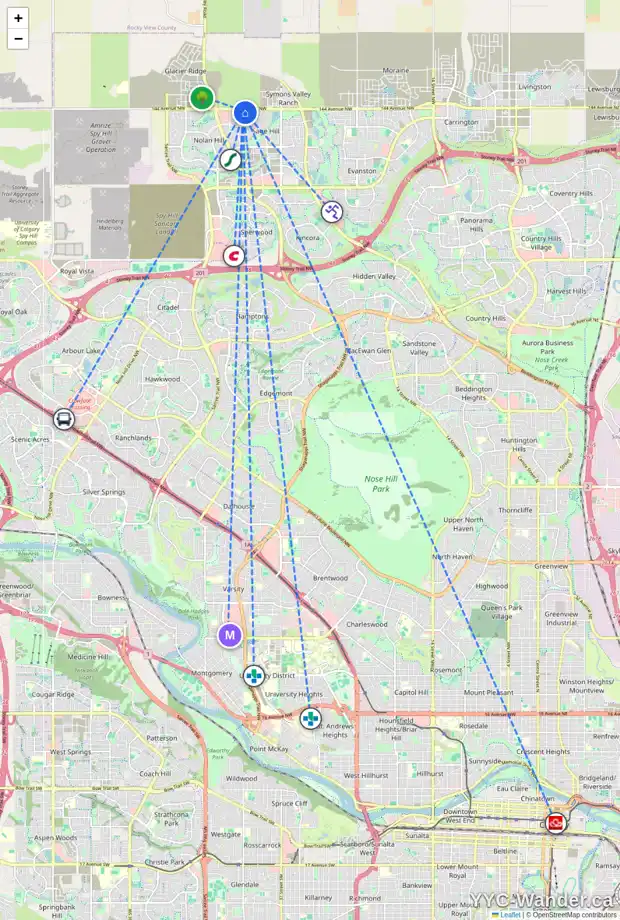 Daily accessibility map for 1212 250 SAGE VALLEY RD NW, Calgary showing nearby schools, grocery stores, parks, LRT stations and nearby amenities