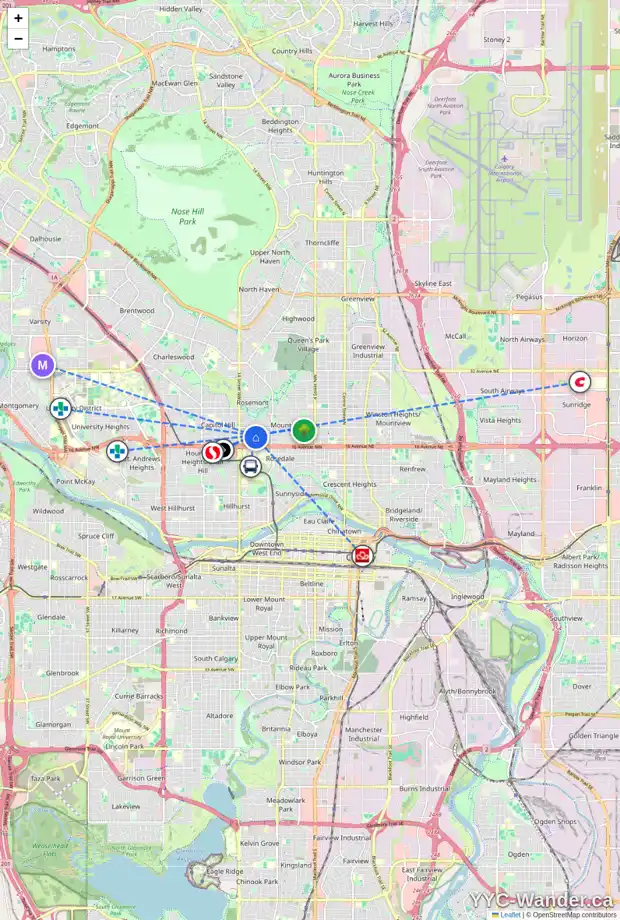 Daily accessibility map for 1306 18 AV NW, Calgary showing nearby schools, grocery stores, parks, LRT stations and nearby amenities