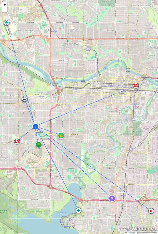 Daily accessibility map for 3024 29 ST SW, Calgary showing nearby schools, grocery stores, parks, LRT stations and nearby amenities