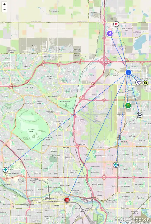 Daily accessibility map for 504 REDSTONE VW NE, Calgary showing nearby schools, grocery stores, parks, LRT stations and nearby amenities