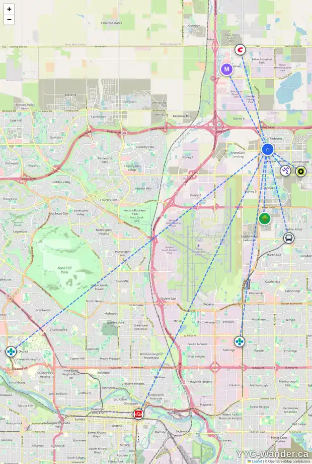 Daily accessibility map for 114 REDSTONE VW NE, Calgary showing nearby schools, grocery stores, parks, LRT stations and nearby amenities