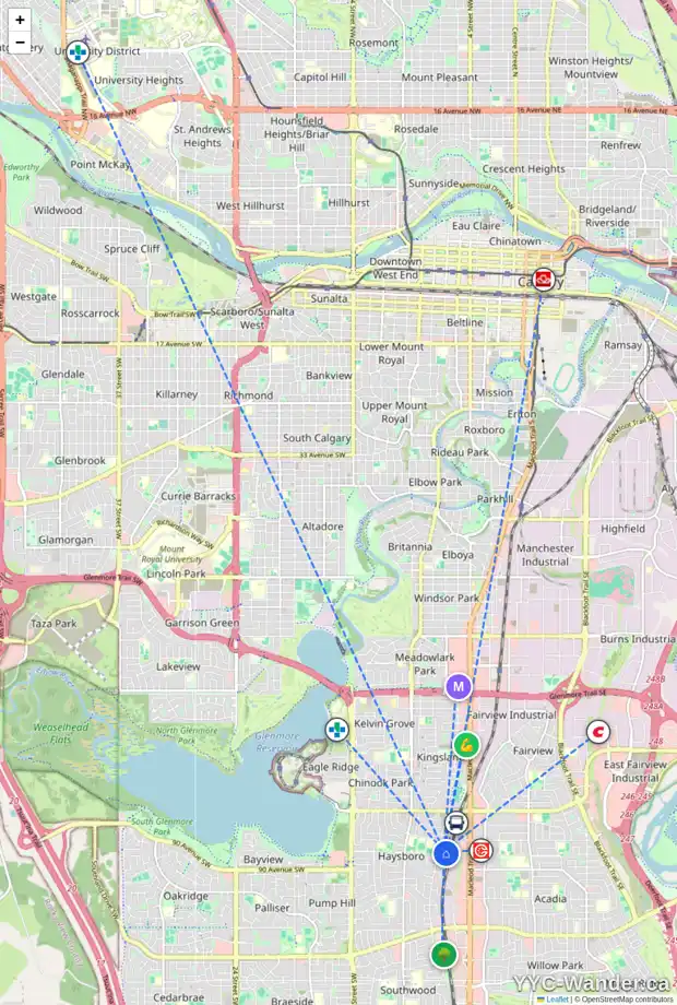 Daily accessibility map for 18 HAULTAIN PL SW, Calgary showing nearby schools, grocery stores, parks, LRT stations and nearby amenities