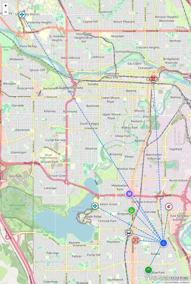 Daily accessibility map for 122 ALLANDALE CL SE, Calgary showing nearby schools, grocery stores, parks, LRT stations and nearby amenities