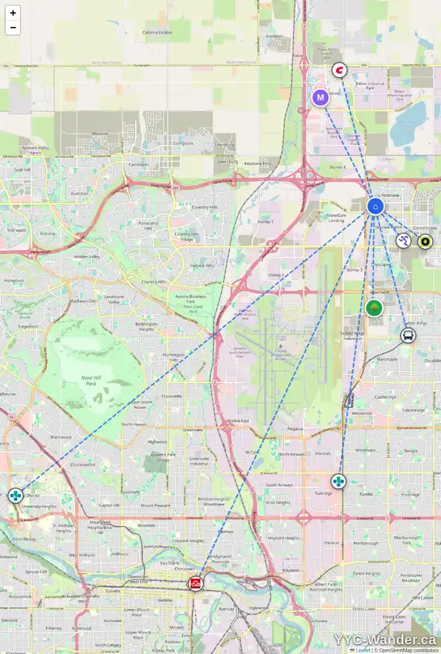 Daily accessibility map for 606 REDSTONE VW NE, Calgary showing nearby schools, grocery stores, parks, LRT stations and nearby amenities
