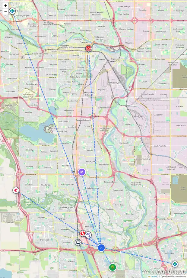 Daily accessibility map for 104 SUNMEADOWS CR SE, Calgary showing nearby schools, grocery stores, parks, LRT stations and nearby amenities