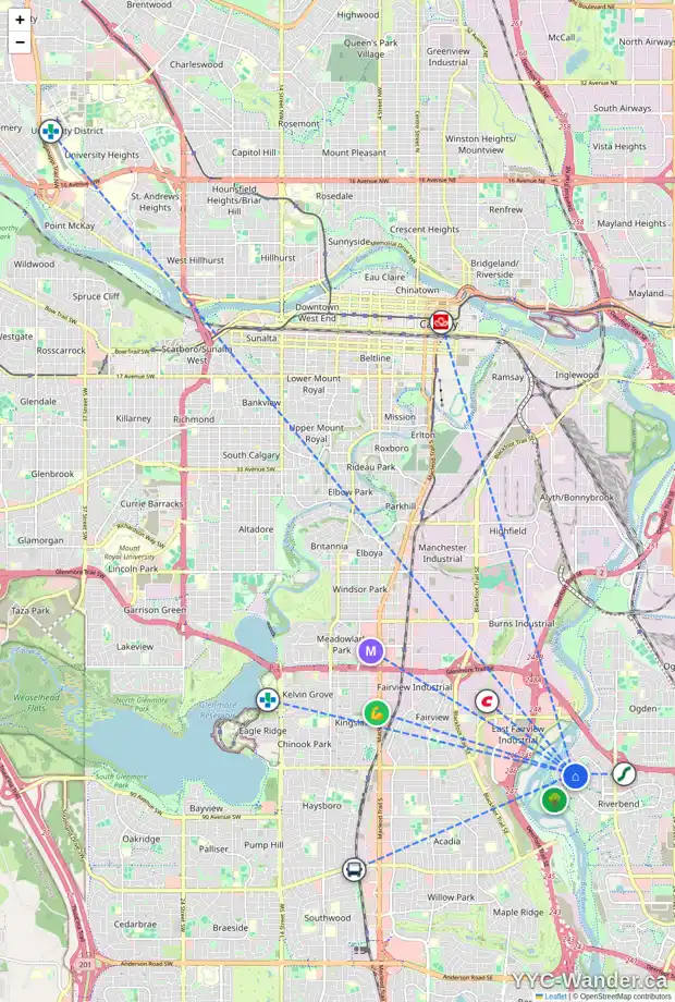 Daily accessibility map for 8 RIVERSIDE CR SE, Calgary showing nearby schools, grocery stores, parks, LRT stations and nearby amenities