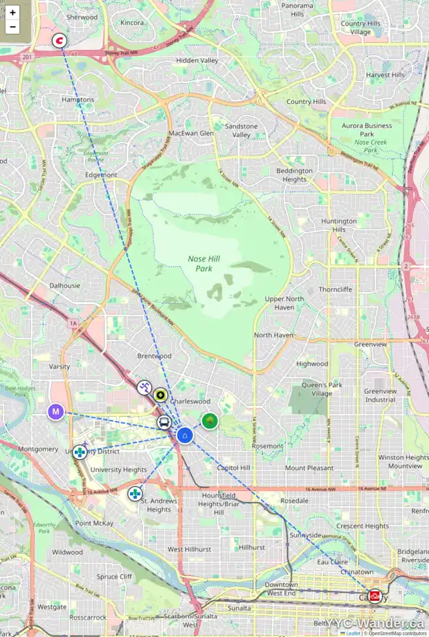 Daily accessibility map for 2817 23A ST NW, Calgary showing nearby schools, grocery stores, parks, LRT stations and nearby amenities