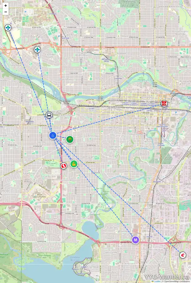 Daily accessibility map for 2210 26 ST SW, Calgary showing nearby schools, grocery stores, parks, LRT stations and nearby amenities