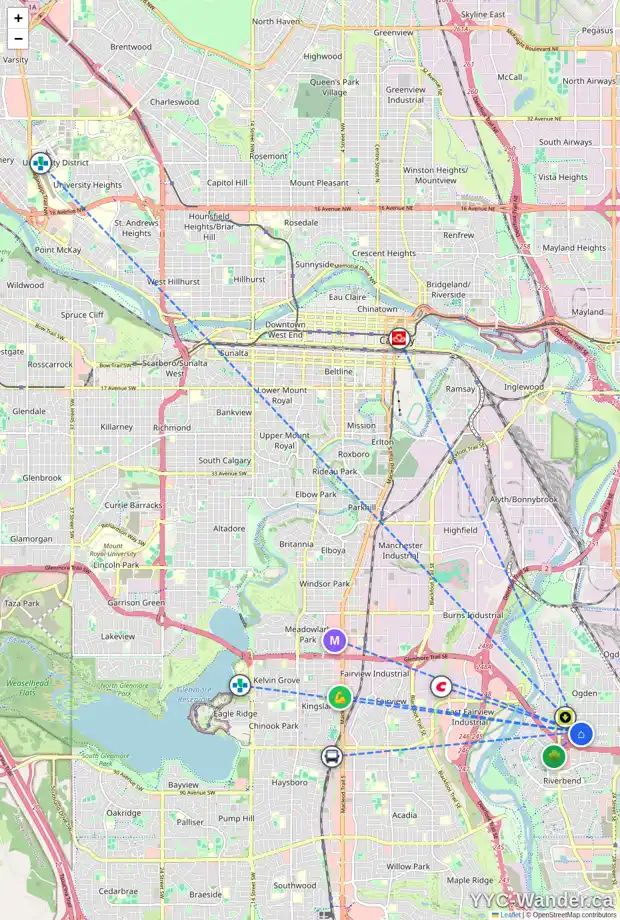 Daily accessibility map for 7825 20A ST SE, Calgary showing nearby schools, grocery stores, parks, LRT stations and nearby amenities