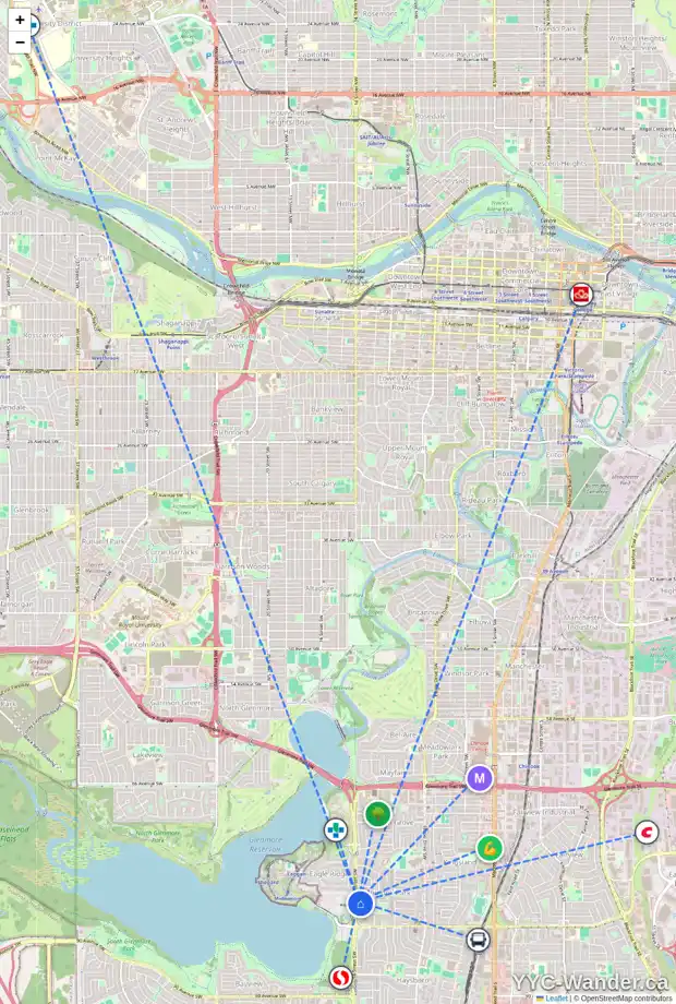 Daily accessibility map for 8047 CHARDIE RD SW, Calgary showing nearby schools, grocery stores, parks, LRT stations and nearby amenities