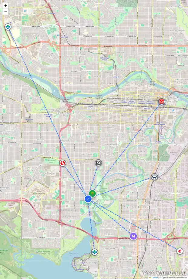 Daily accessibility map for 1715 49 AV SW, Calgary showing nearby schools, grocery stores, parks, LRT stations and nearby amenities