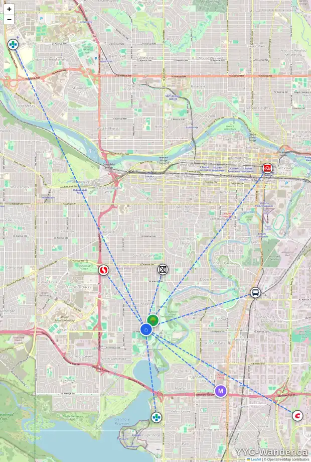 Daily accessibility map for 1713 49 AV SW, Calgary showing nearby schools, grocery stores, parks, LRT stations and nearby amenities