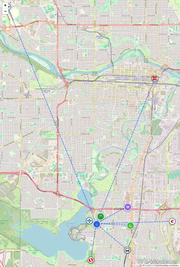 Daily accessibility map for 7320 KEW ST SW, Calgary showing nearby schools, grocery stores, parks, LRT stations and nearby amenities