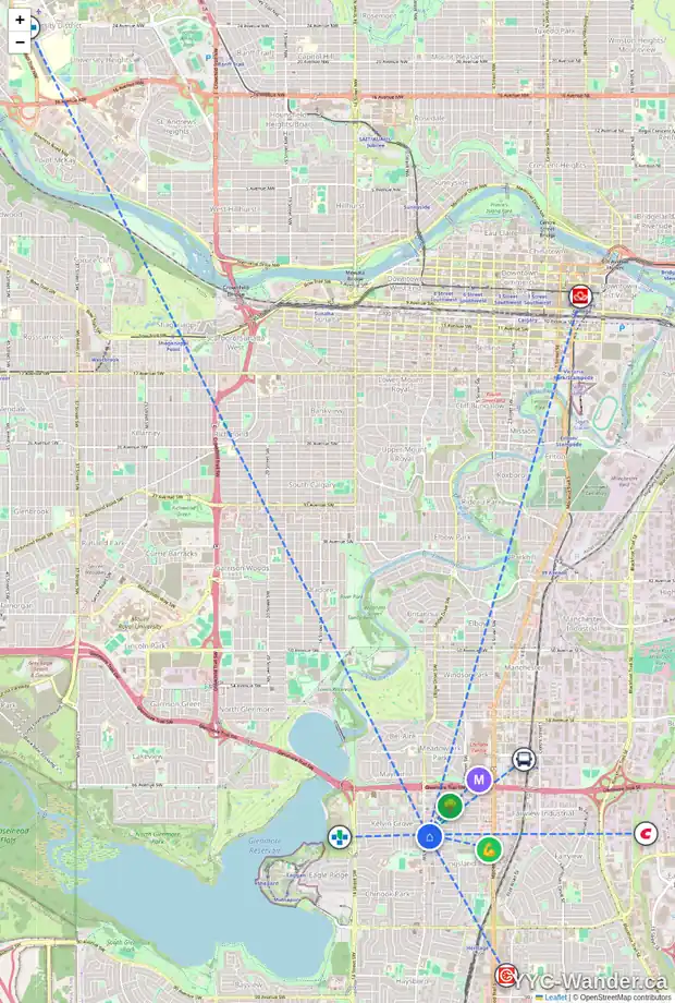 Daily accessibility map for 7216 ELBOW DR SW, Calgary showing nearby schools, grocery stores, parks, LRT stations and nearby amenities