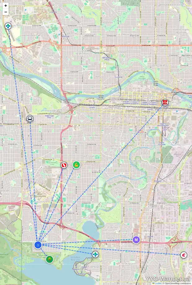 Daily accessibility map for 6702 LIVINGSTONE DR SW, Calgary showing nearby schools, grocery stores, parks, LRT stations and nearby amenities