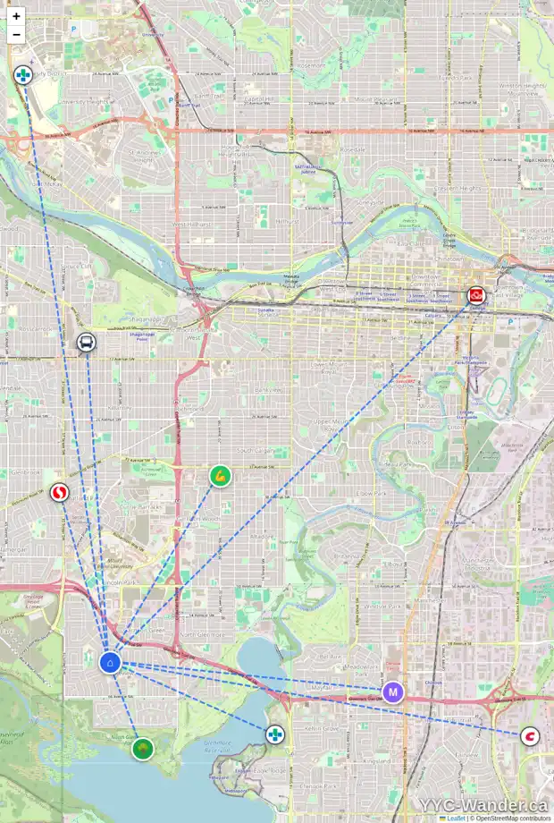Daily accessibility map for 3454 LANE CR SW, Calgary showing nearby schools, grocery stores, parks, LRT stations and nearby amenities