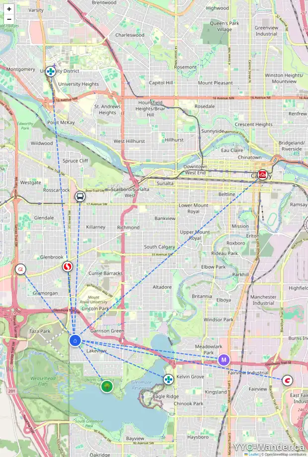 Daily accessibility map for 3703 58 AV SW, Calgary showing nearby schools, grocery stores, parks, LRT stations and nearby amenities