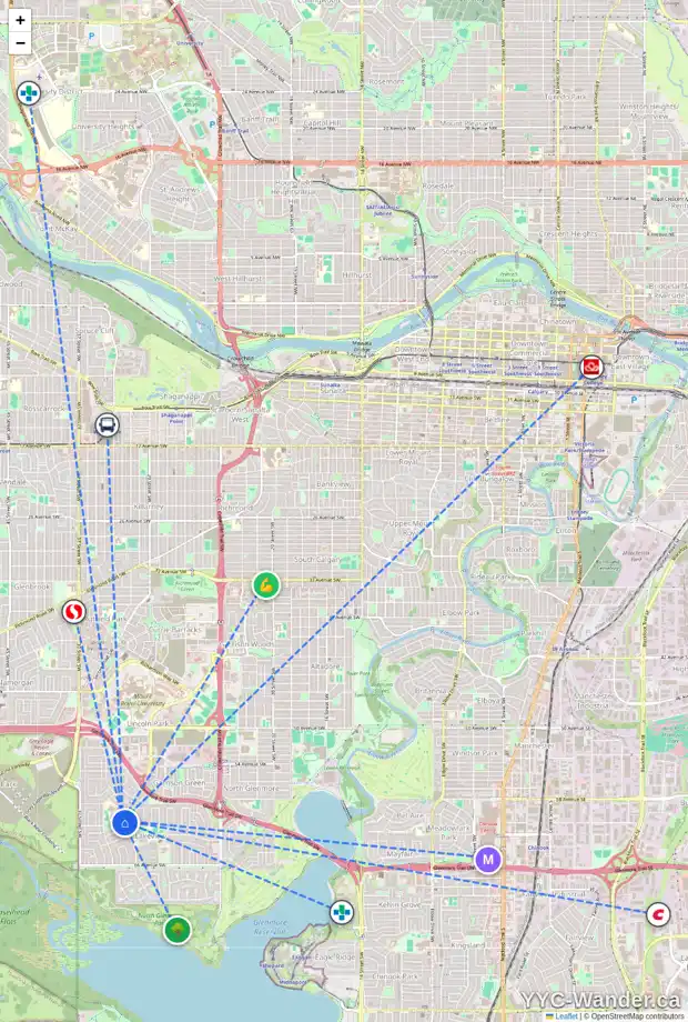 Daily accessibility map for 6036 LEWIS DR SW, Calgary showing nearby schools, grocery stores, parks, LRT stations and nearby amenities
