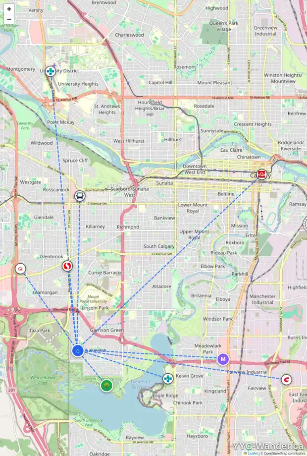 Daily accessibility map for 6108 LONGMOOR WY SW, Calgary showing nearby schools, grocery stores, parks, LRT stations and nearby amenities