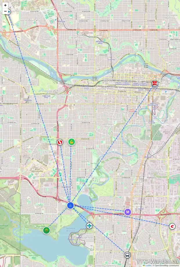 Daily accessibility map for 6411 LAURENTIAN WY SW, Calgary showing nearby schools, grocery stores, parks, LRT stations and nearby amenities