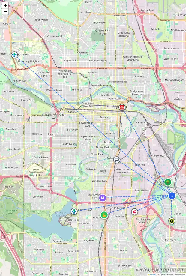 Daily accessibility map for 6232 18A ST SE, Calgary showing nearby schools, grocery stores, parks, LRT stations and nearby amenities